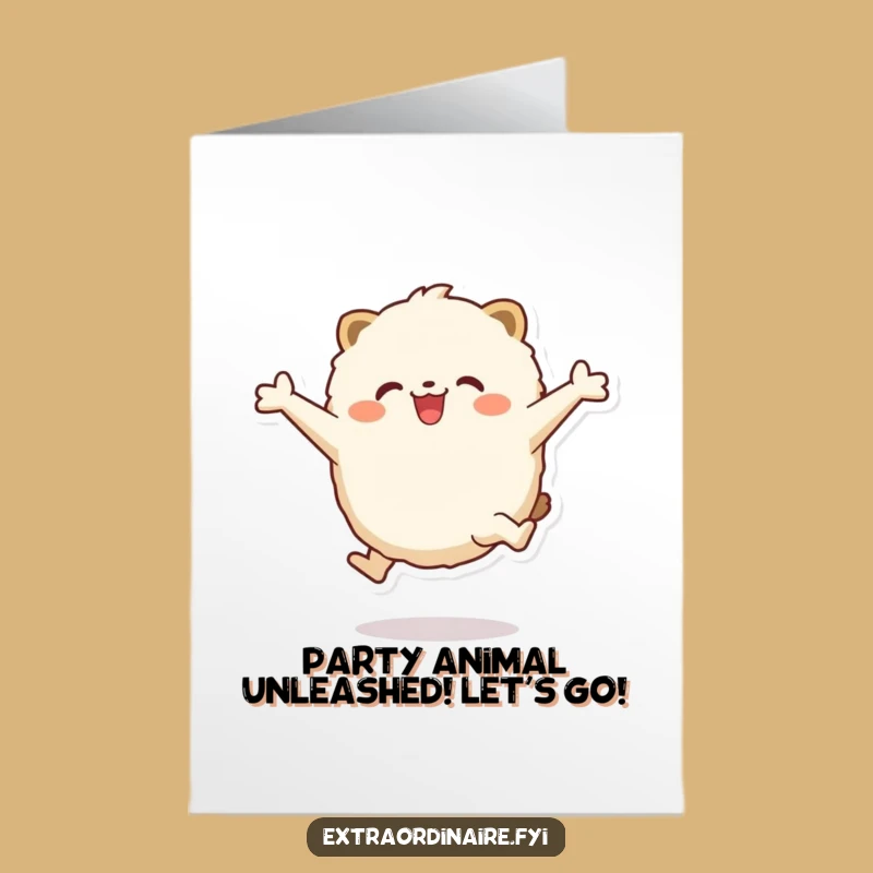Free Printable Birthday Card: Fluffy Animal Leaping with Joy - Funny Downloadable Gift