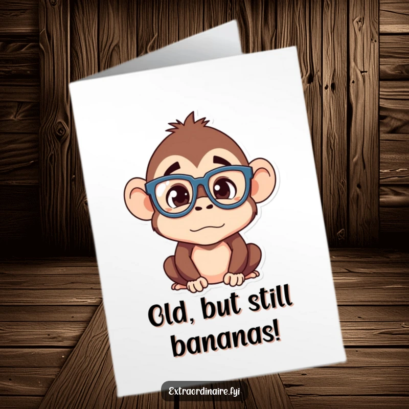 Funny Free Printable Birthday Card featuring a silly monkey character wearing comically oversized glasses and looking utterly confused.