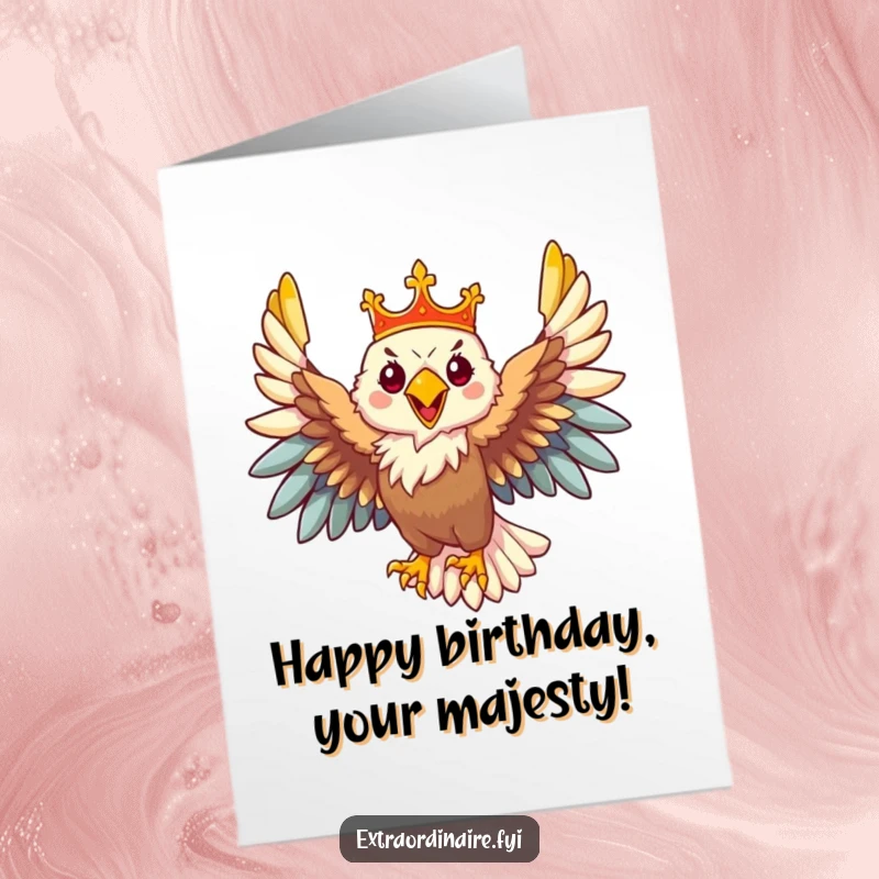 Funny Free Printable Birthday Card of a majestic eagle soaring high while wearing a golden crown, conveying power.