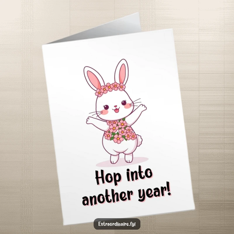 Funny Free Printable Birthday Card: A happy rabbit wearing a flower garland dances joyfully, sending birthday wishes with a smile.