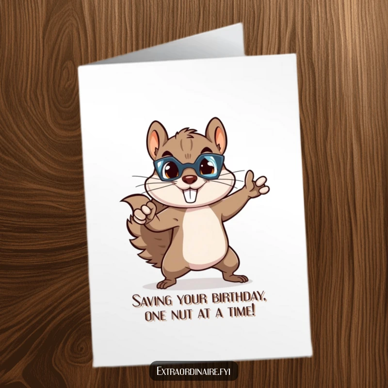 Funny Free Printable Birthday Card featuring a mischievous squirrel striking a superhero pose with acorns.