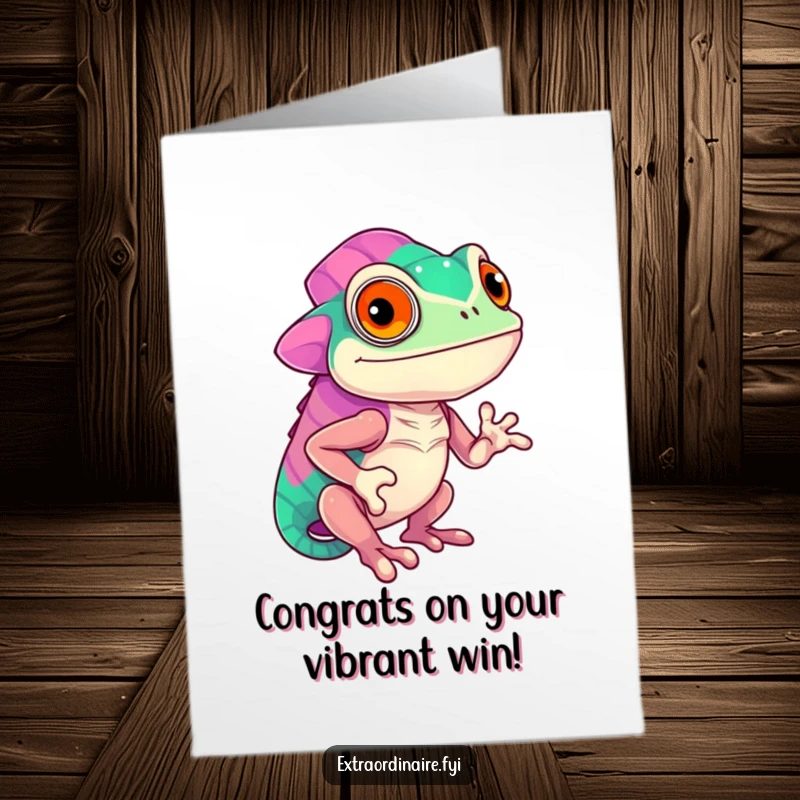 Free Printable confident chameleon showing off vibrant colors, celebrating success on a card.