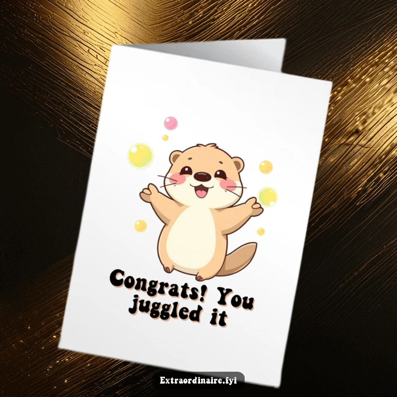 Free Printable happy otter juggling glowing orbs, celebrating success on a congratulations card.