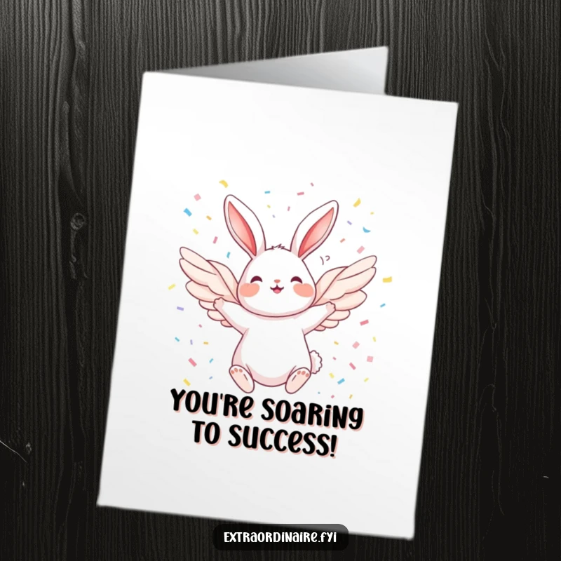 Funny Free Printable Congratulations Card: Joyful winged rabbit flying high amidst a shower of festive confetti.