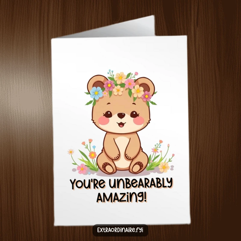 Funny Free Printable Bear Cub Congrats Card: Happy cub with wildflower crown, celebrating a successful achievement.