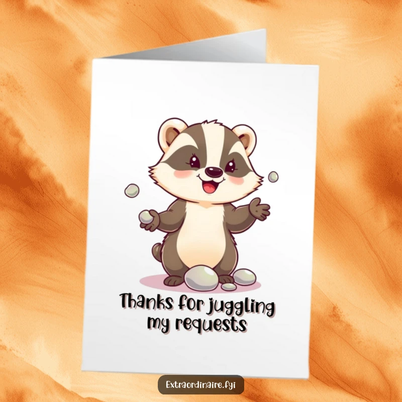 Funny Free Printable Thank You Card: A happy badger character juggling shiny pebbles, a unique way to say thank you.