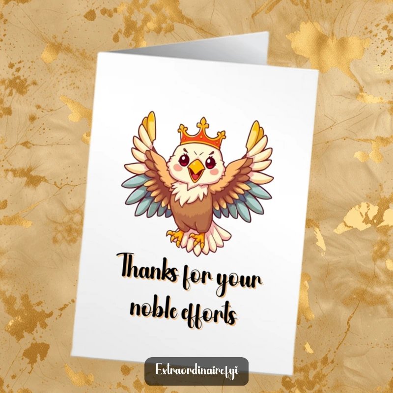 Funny Free Printable Thank You Card of a majestic eagle with a crown, soaring to express gratitude with power.