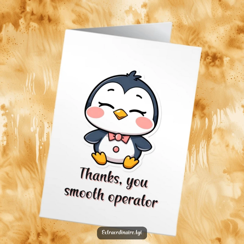 Funny Free Printable Penguin Thank You Card showing a dapper penguin with a confident wink, perfect for expressing thanks.