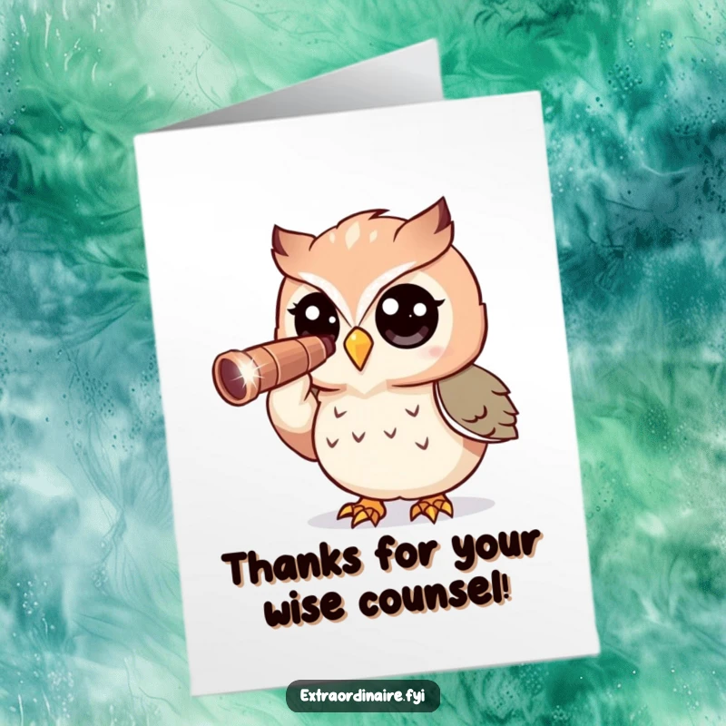 Funny Free Printable Thank You Card: An owl with a telescope looks thoughtfully, expressing thanks in a quirky, observant way.
