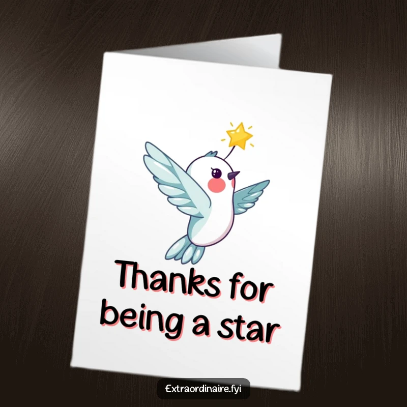 Free Printable cheerful hummingbird flying with a bright star, conveying thanks on a card.