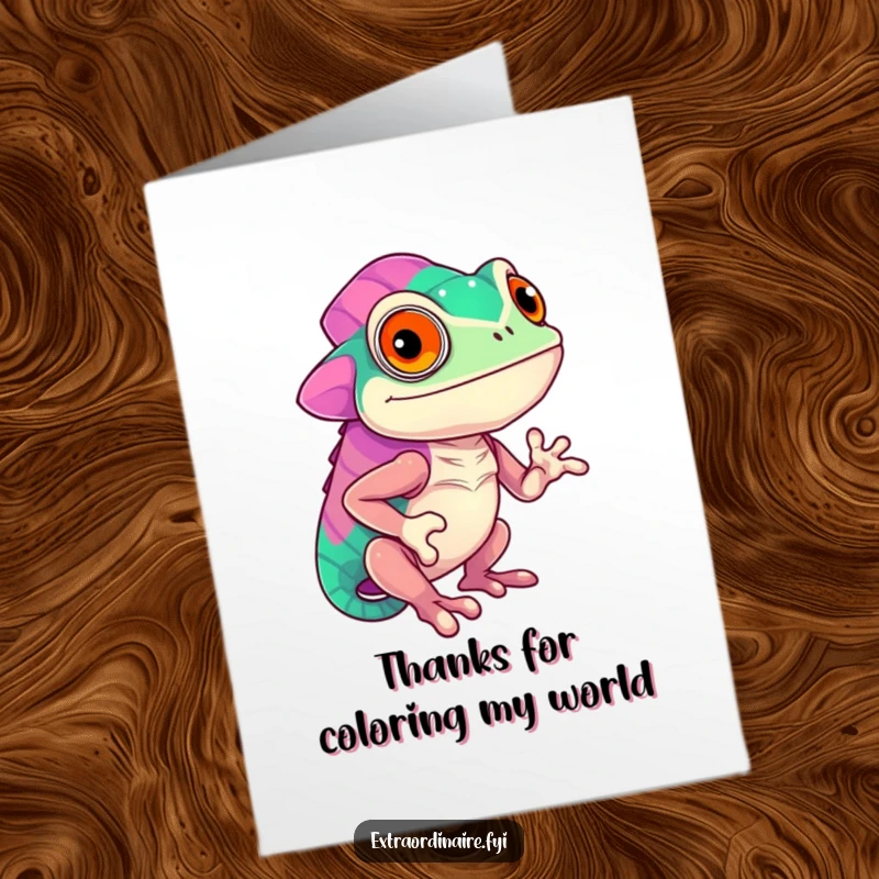 Free Printable confident chameleon displaying vibrant colors, expressing thanks on a thank you card.