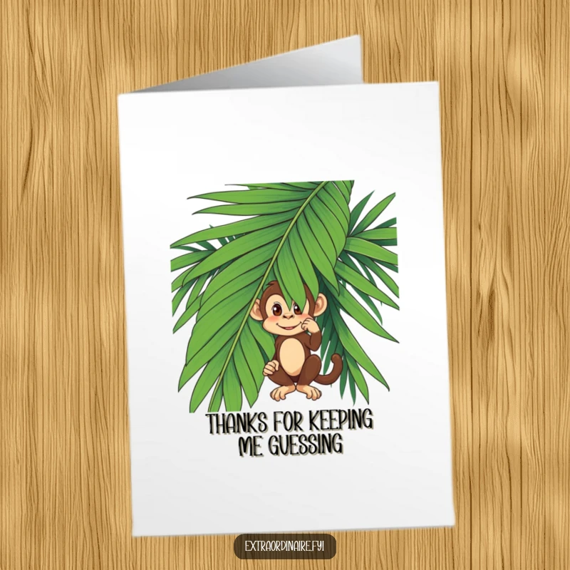 Funny Free Printable Thank You Card: Mischievous monkey peeking from behind a giant palm leaf, offering thanks.