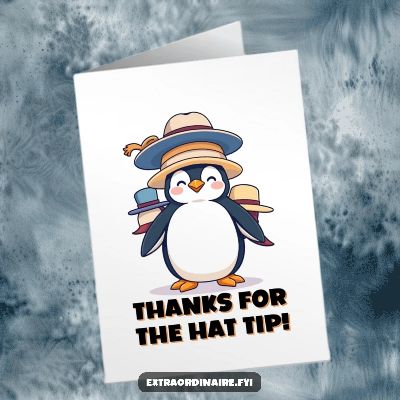 Funny Free Printable Thank You Card: A silly penguin precariously balancing a stack of oversized hats, offering thanks with a grin.