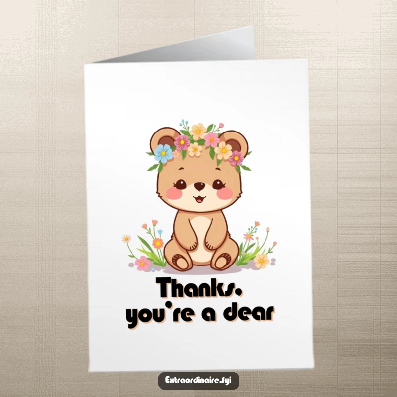 Funny Free Printable Bear Cub Thank You Card: Happy bear cub wearing a wildflower crown, expressing gratitude sweetly.