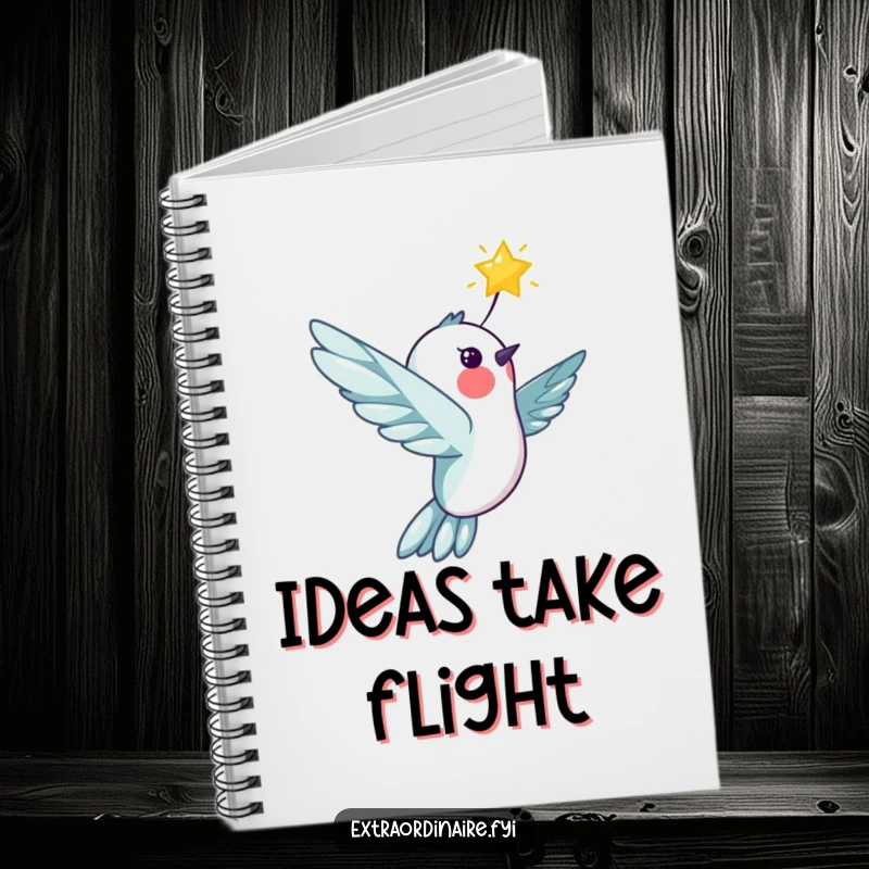 Funny cheerful hummingbird character flying with a star, on the cover of a notebook, ideal for writing, a magical and funny item.