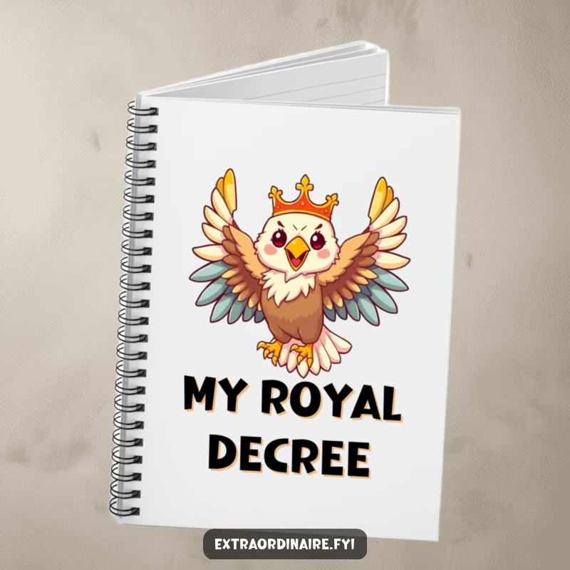 Funny Eagle Notebook: A majestic eagle wearing a crown prepares to write, symbolizing powerful ideas and regal organization.