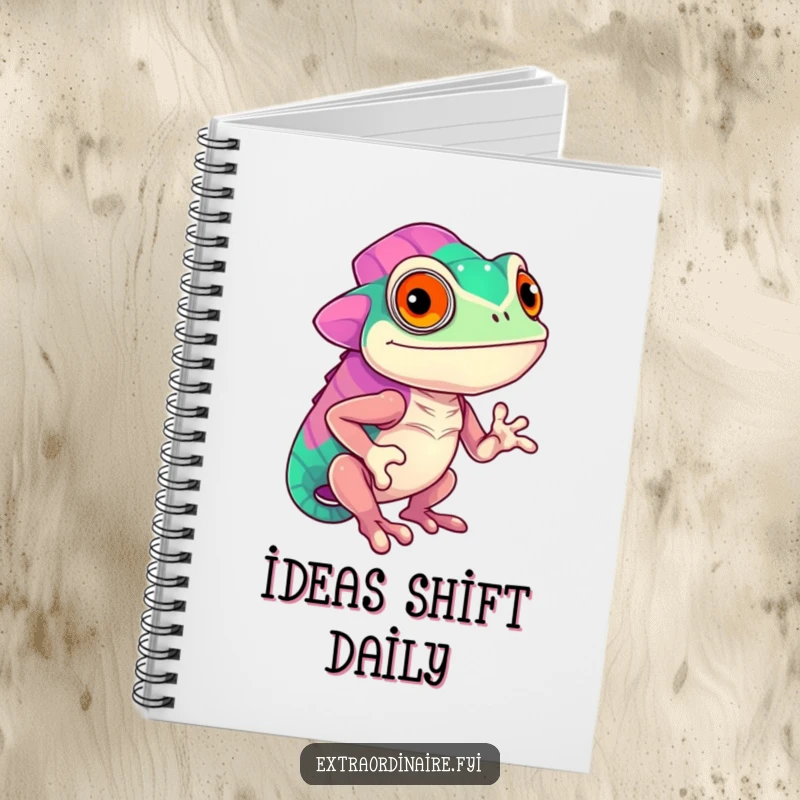 Funny confident chameleon character displaying vibrant colors, on the cover of a notebook, ideal for writing, a colorful and funny item.