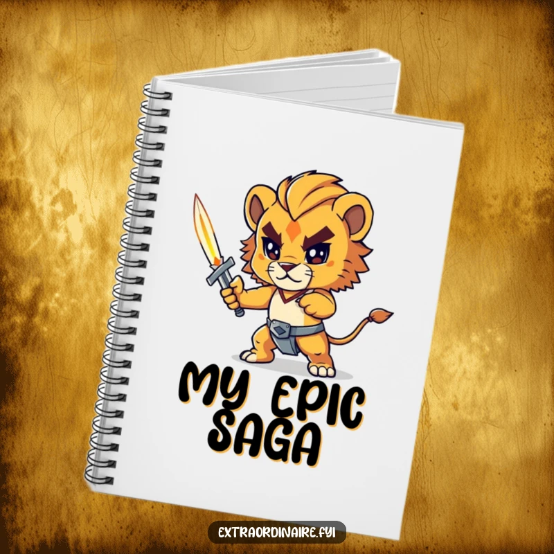 Funny lion cub notebook, a determined lion cub with a tiny sword, perfect for writing, drawing, and epic planning.