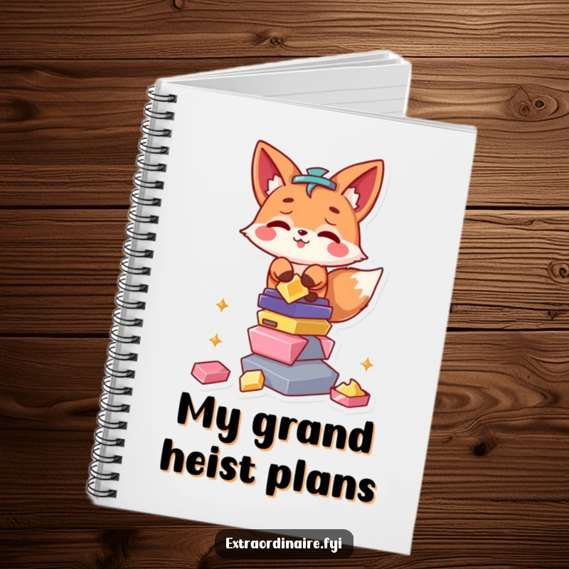 Funny Fox Notebook: A mischievous fox character peeks out from behind a stack of shiny coins, ready to record secrets.