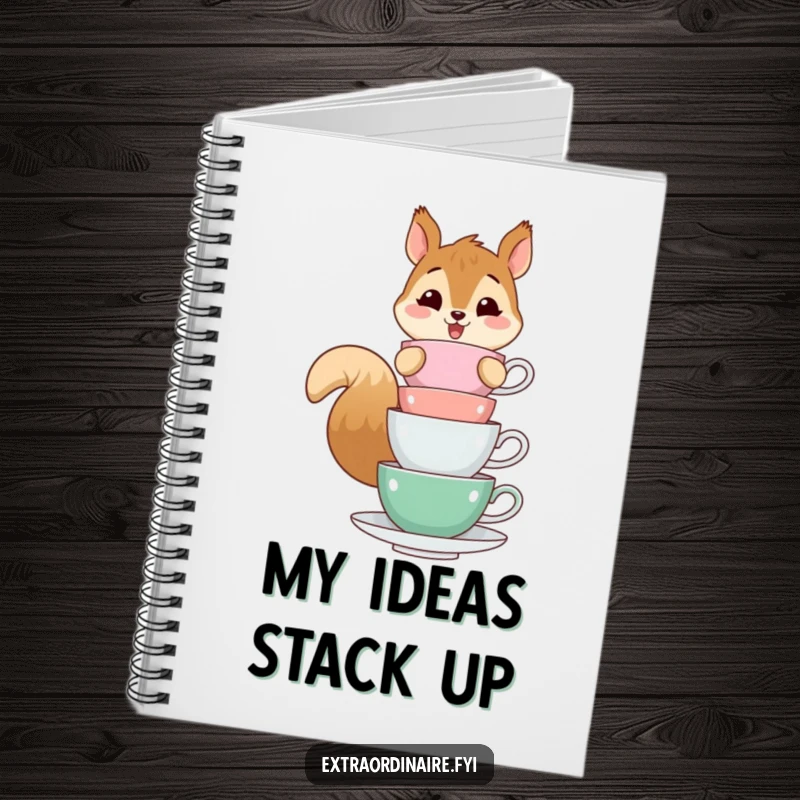 Funny notebook cover with a cheerful squirrel character balancing teacups, designed for capturing whimsical thoughts and ideas.