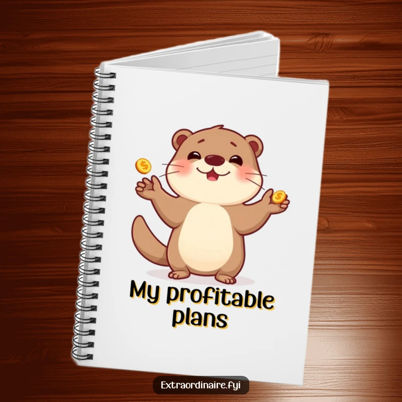 Funny otter notebook cover, juggling golden coins, inspiring playful and creative note-taking.