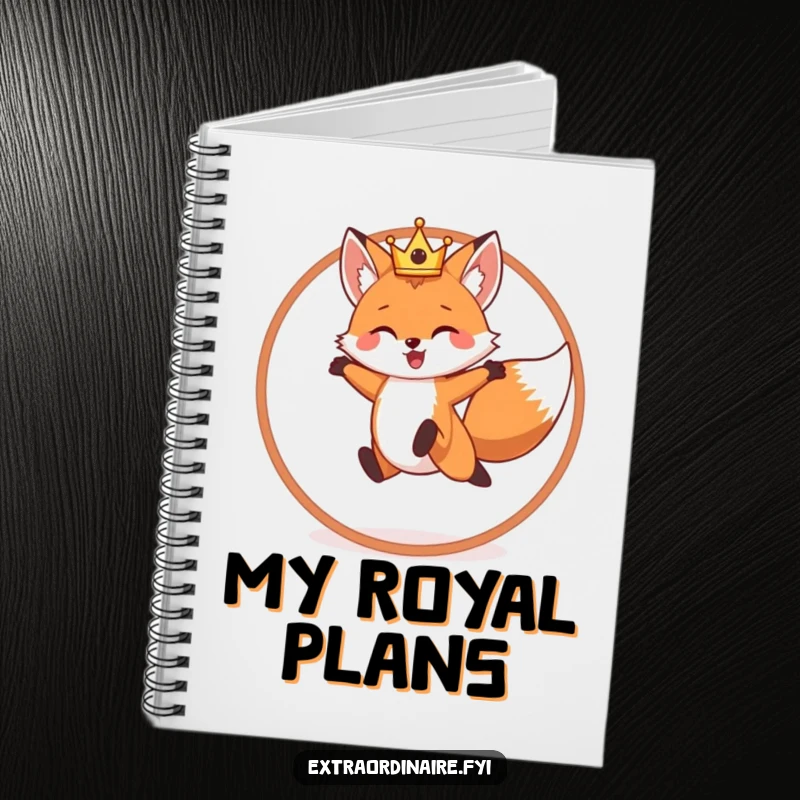 Funny notebook cover featuring a cheerful fox wearing a crown, leaping through a hoop with determination.