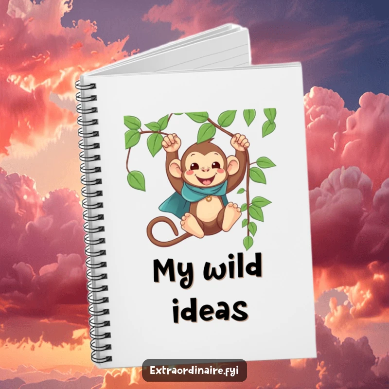 Funny Monkey Cape Swinging Notebook: A happy, caped monkey swinging from a vine, inspiring funny notes and doodles.