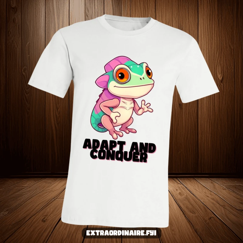 Funny confident chameleon proudly displaying vibrant, shifting colors on a t-shirt, a design symbolizing change and self-assurance, a humorous apparel choice.
