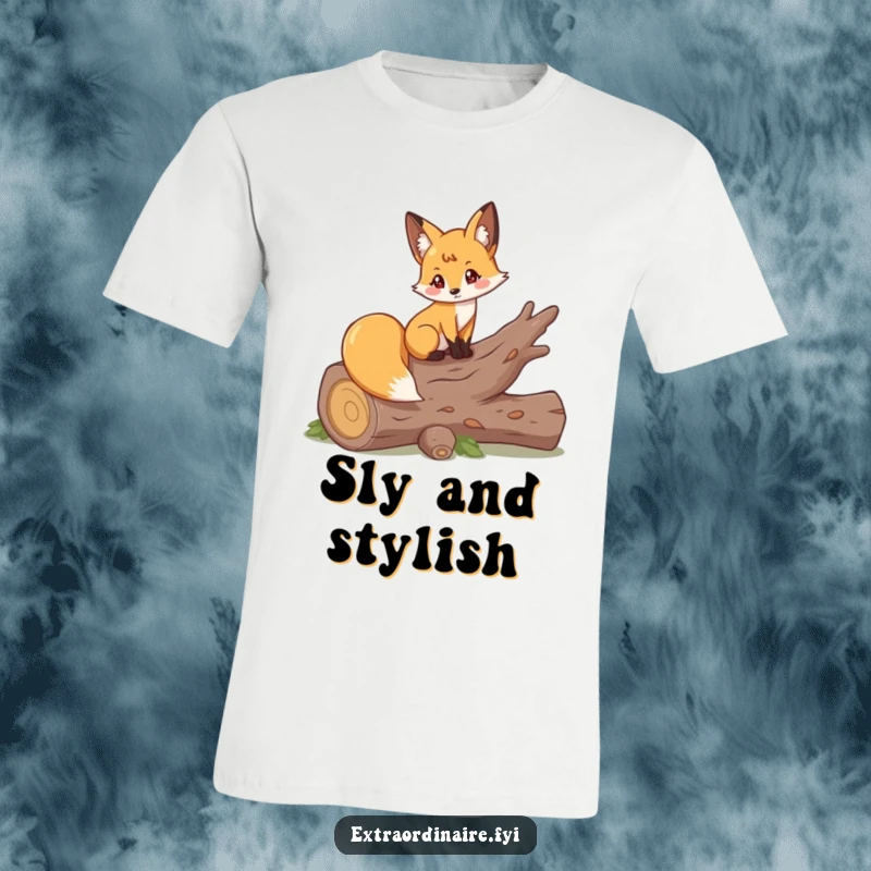 Funny t-shirt with a playful fox striking an elegant pose on a fallen log, exuding natural beauty.