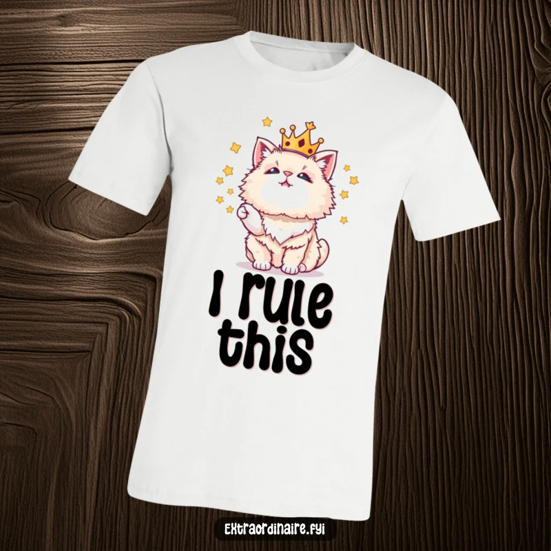 Funny t-shirt depicting a fluffy, crowned cat expertly juggling shining stars, full of playful magic.