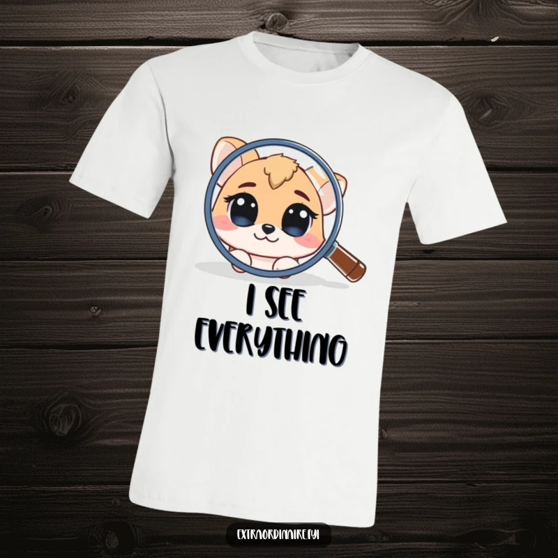 Funny T-Shirt: A curious animal character peers intently from behind a giant magnifying glass, embodying exploration.