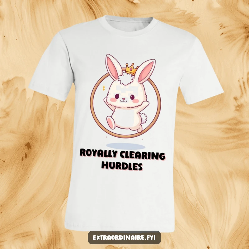 Funny t-shirt with a fluffy bunny character wearing a small crown, leaping gracefully through a hoop. Cute and humorous.