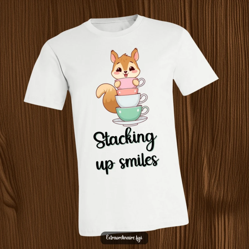 Funny t-shirt design of a cheerful squirrel character balancing a precarious stack of teacups, showcasing delightful acrobatics.