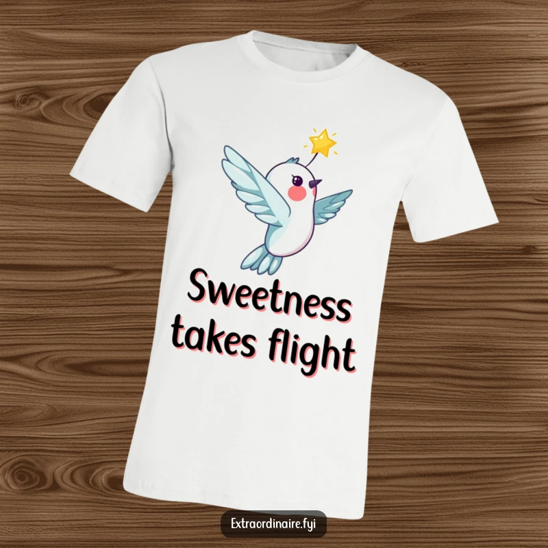 Funny cheerful hummingbird soaring with a shining star on a t-shirt, representing dreams and positivity, a whimsical and funny gift.