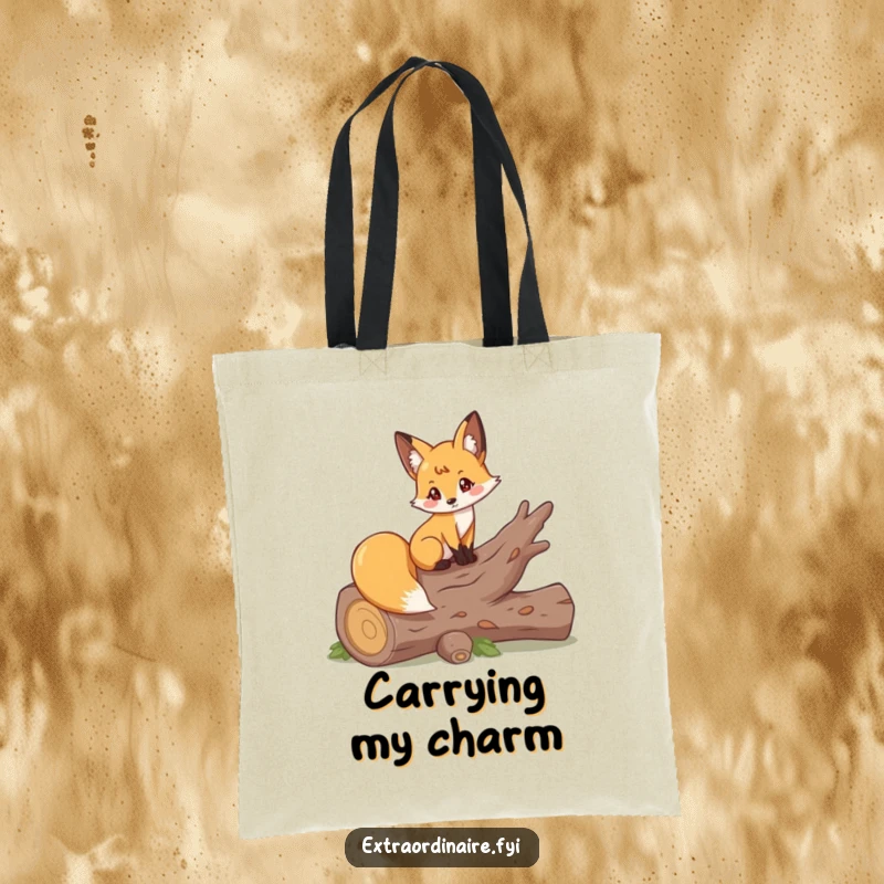 Funny tote bag with a playful fox balancing gracefully on a fallen log, perfect for everyday adventures.