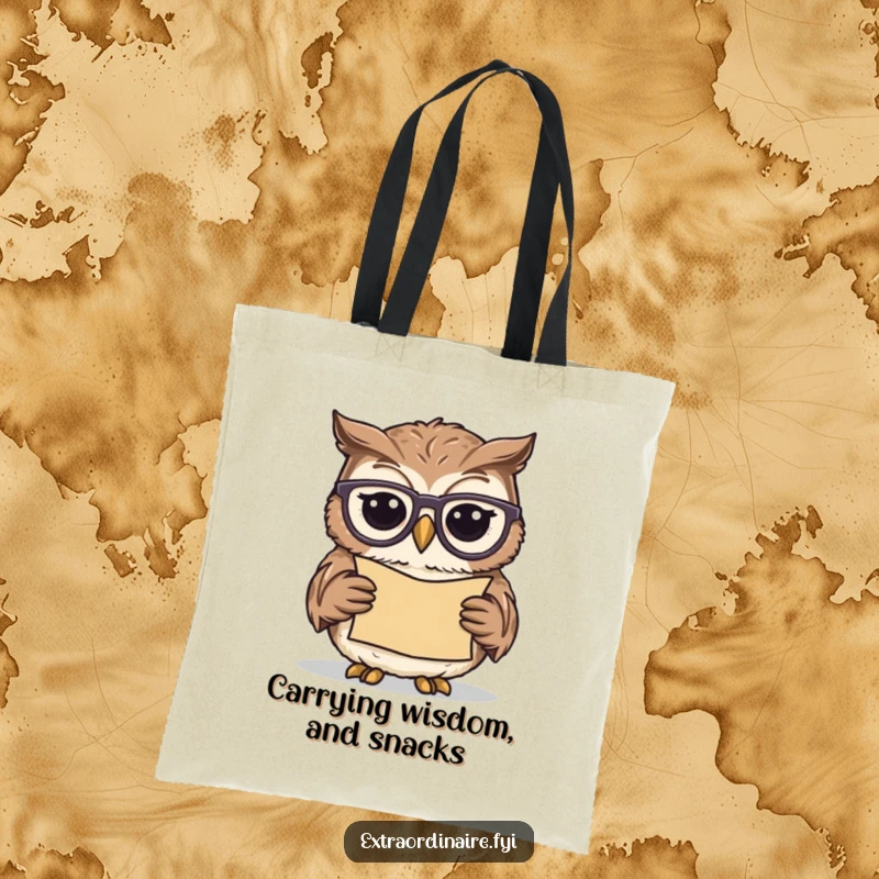 Funny owl scholar tote bag, a wise owl with glasses meticulously reading a scroll, practical for carrying books and more.