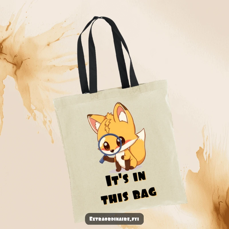 Funny fox tote bag, featuring a curious fox with a magnifying glass, whimsical and practical for carrying items, great funny gift idea.