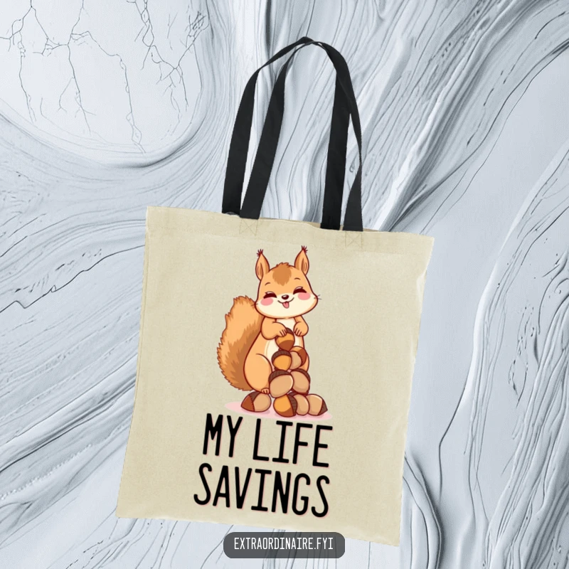 Funny tote bag with a giggling squirrel balancing a stack of acorns, ideal for carrying essentials with a nutty theme.