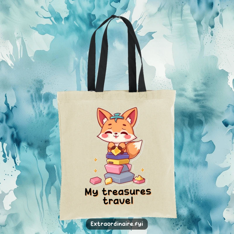 Funny Fox Tote Bag: A mischievous fox character proudly displays a large stack of shiny objects, ready to haul more.